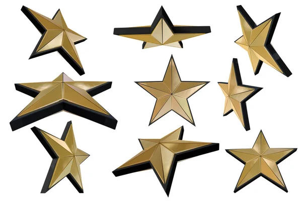 Három Dimenzió Renderelt Arany Csillagok Fekete Határon Elszigetelt Fehér — Stock Fotó