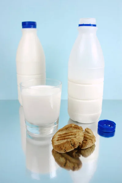 Latte Biscotti Isolati Sfondo Blu — Foto Stock