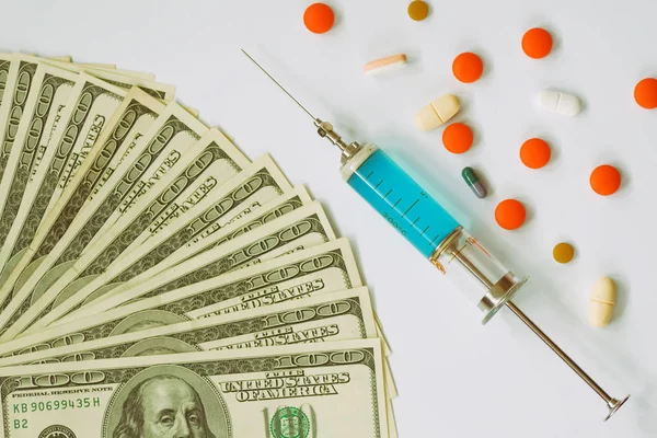 Medicamentos Cuidados Saúde Dispendiosos Agulha Para Injecção Comprimidos Notas — Fotografia de Stock