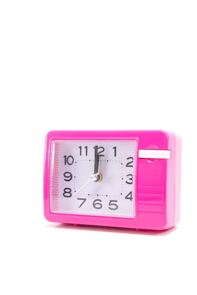 Reloj Despertador Rosa Aislado Sobre Fondo Blanco —  Fotos de Stock