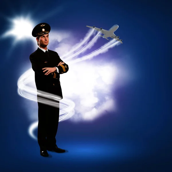 Pilot Form Arms Folded Sky Clouds Plane — Stock Photo, Image