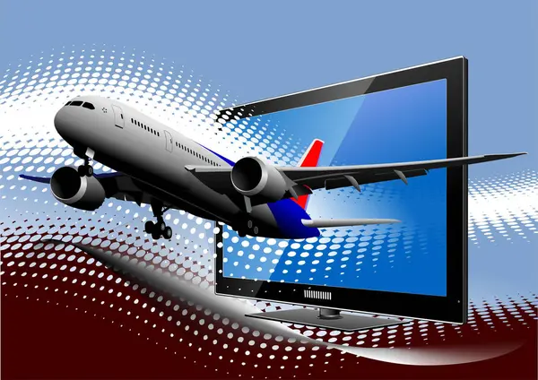 乗客の飛行機のイメージとフラットコンピュータモニターと青の点線の背景 ベクターイラスト — ストック写真