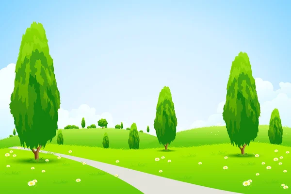 Paesaggio Verde Con Alberi Nuvole Fiori — Foto Stock