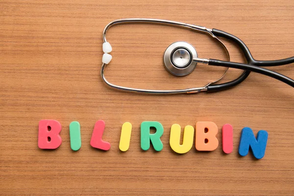 Bilirubin Colorful Word Stethoscope Wooden Background — Stock Photo, Image