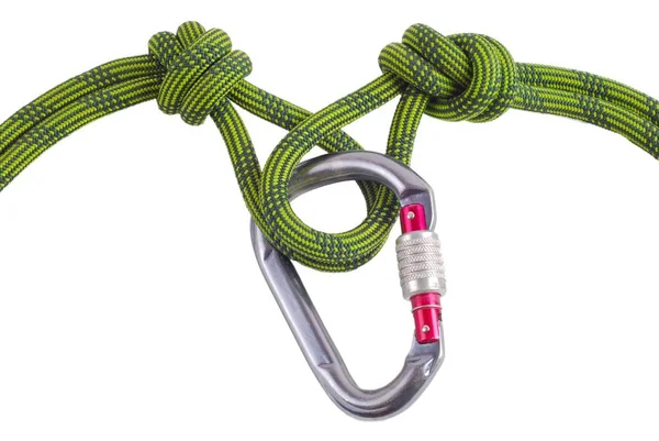 Carabiner Fikarcnyi Hegymászó Csomót Izolált Fehér — Stock Fotó