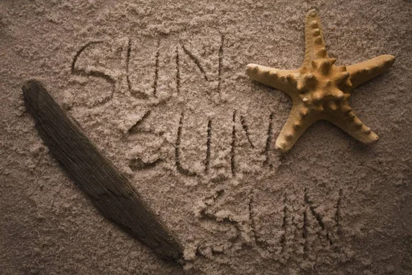 Κίτρινος Αστερίας Και Σύντομο Κείμενο Υγρή Άμμο — Φωτογραφία Αρχείου