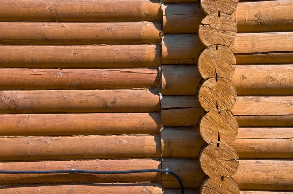 Detail Wall Section Log House Close Stained Wood Smooth Sawn — Stock Photo, Image