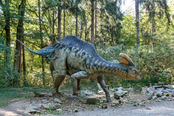 Gran Modelo Dinosaurio Prehistórico Troodon Ataque Parasaurolophus Paisajes Realistas — Foto de Stock