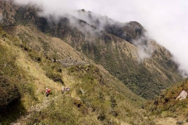 most popular of Inca trails for trekking is Capaq trail, which leads from village of Ollantaytambo to Machu Picchu clipart