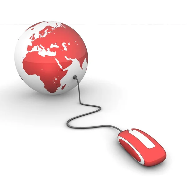 Rote Hochglanz Computermaus Verbunden Mit Einem Roten Hochglanz Globus — Stockfoto