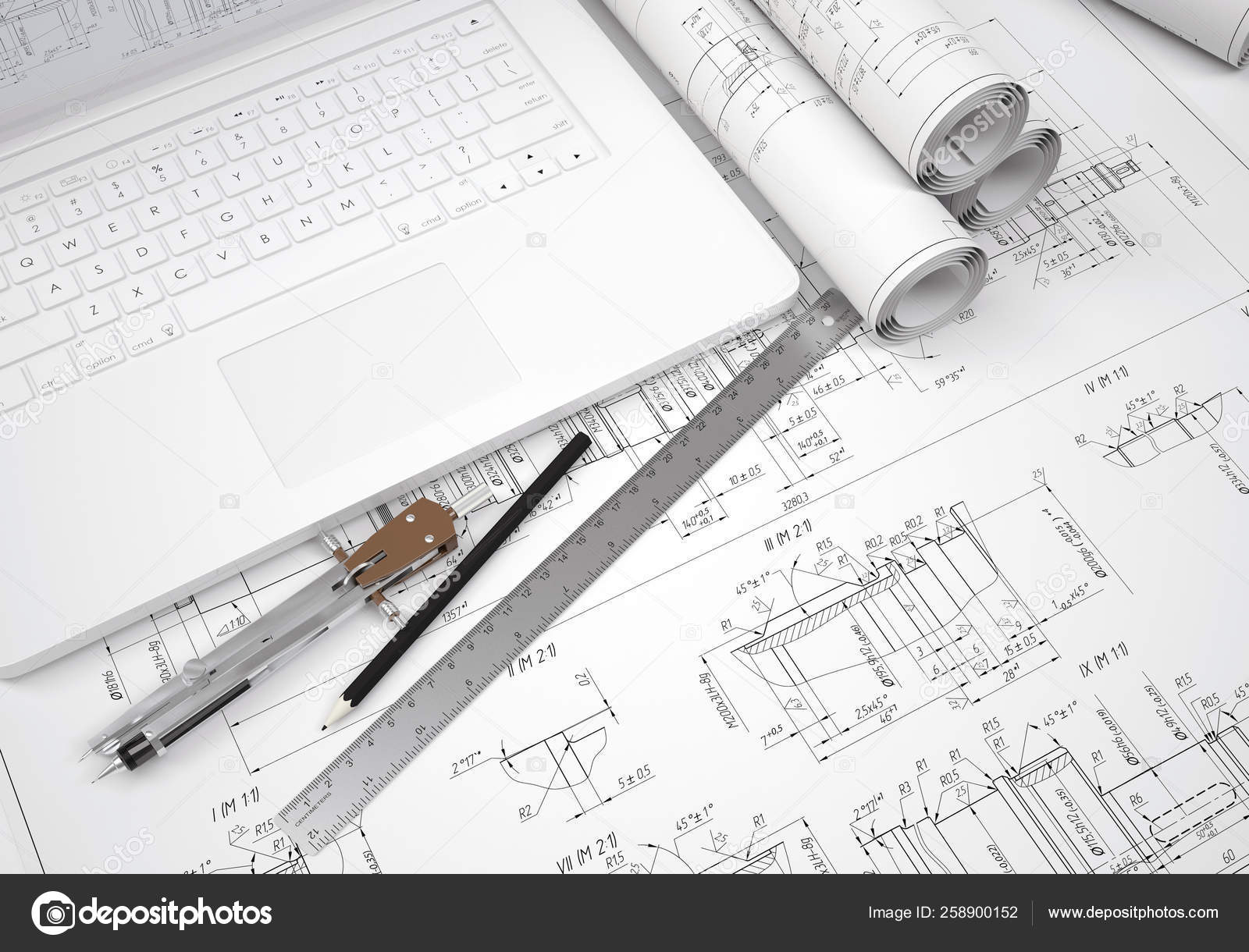 Scrolls Engineering Drawings Laptop Desk Engineer Stock Photo