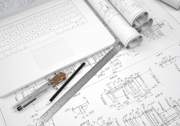 工程图纸和笔记本电脑 可以滚动 台工程师 — 图库照片