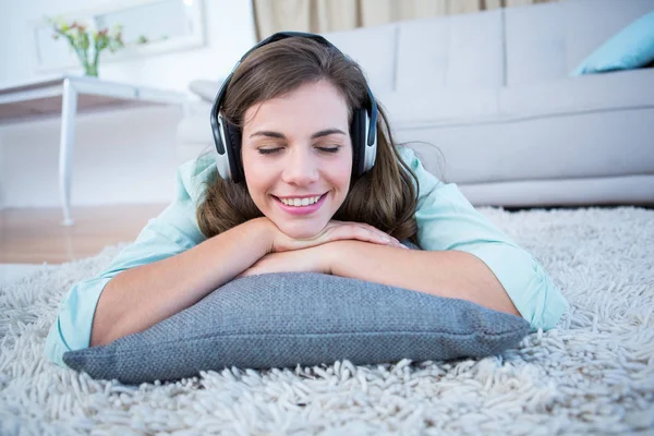 Peaceful Woman Listening Musing Lying Floor Home Living Room — Stock Photo, Image