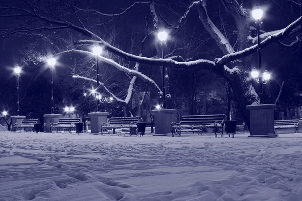 Ліхтарі Лавки Парку Зимову Ніч — стокове фото
