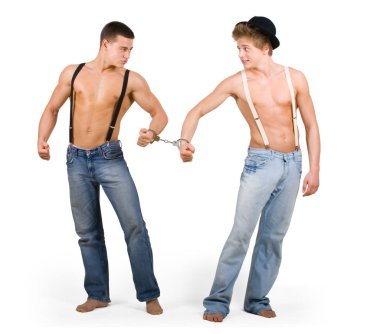 Two brothers chained by one single chain clipart
