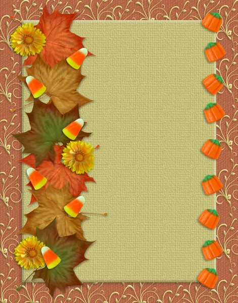 Image and Illustration composition for Thanksgiving, Autumn, Fall or Halloween greeting card, invitation, border or background with Autumn leaves and Candy corn. Copy space.