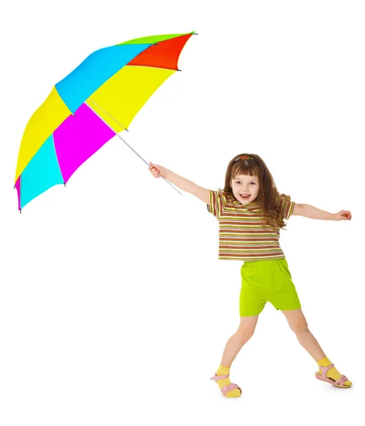 Szczęśliwa Dziewczynka Bawi Się Kolorowym Parasolem Białym Tle — Zdjęcie stockowe