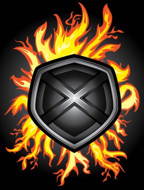 steel shield design fire flames background clipart