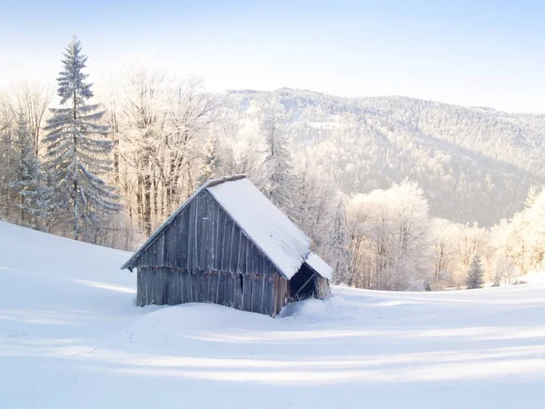 Övergiven Trästuga Berg Snö Vintertid — Stockfoto