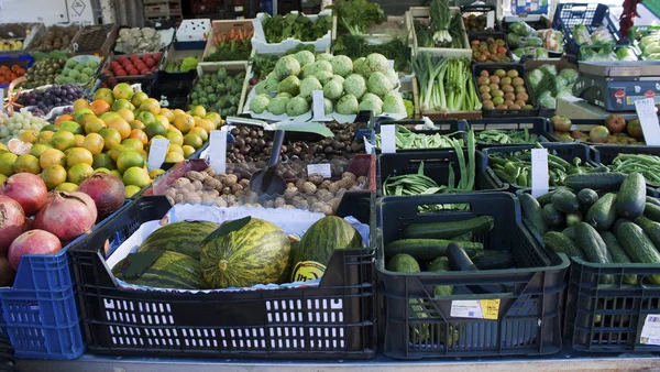 Frutas Legumes Exposição Estande Mercado Livre Espanhol — Fotografia de Stock