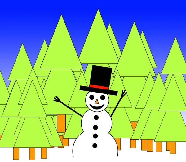 Boneco Neve Feliz Ilustrado Uma Floresta Para Natal — Fotografia de Stock