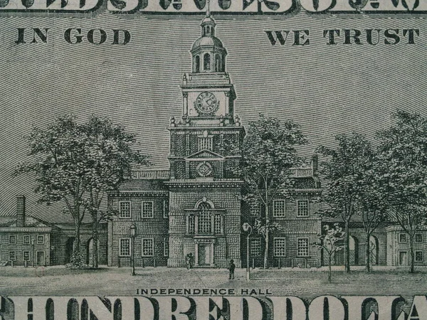 100 Dollar Bill Die Independence Hall Toont — Stockfoto