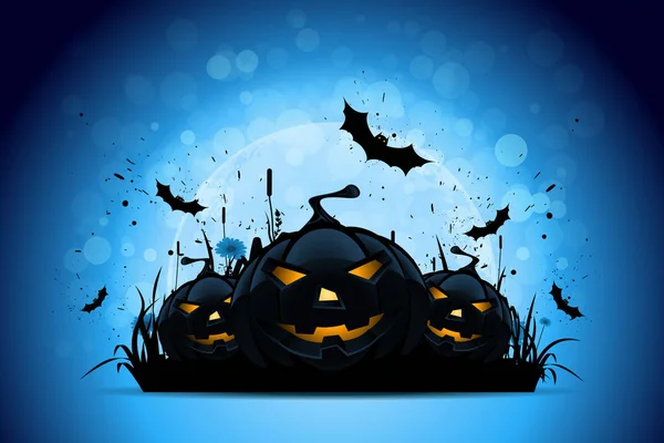 Halloween Tök Fűben Denevérek Hold Háttér — Stock Fotó
