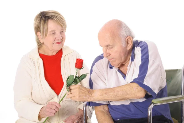 坐在轮椅上的男人给妻子一朵玫瑰花 — 图库照片