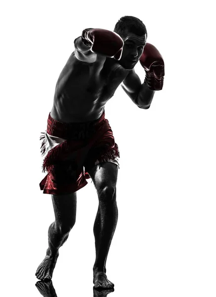 Caucasiano Homem Exercitando Tailandês Boxe Silhueta Estúdio Fundo Branco — Fotografia de Stock