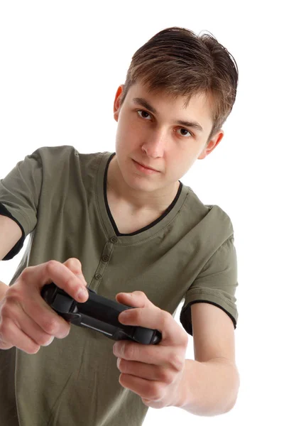 Ein Teenager Hält Einen Drahtlosen Spielcontroller Der Hand Und Konzentriert — Stockfoto