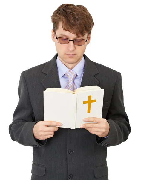 Young Man Read Bible Carefully — Stock Photo, Image