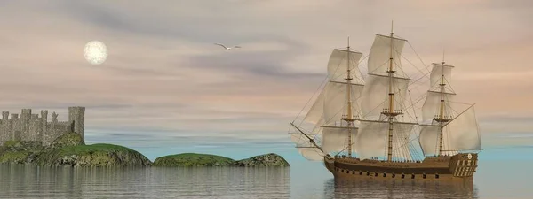 Beautiful Detailed Old Merchant Ship Going Back Castle Seagull Flying — Stock Photo, Image