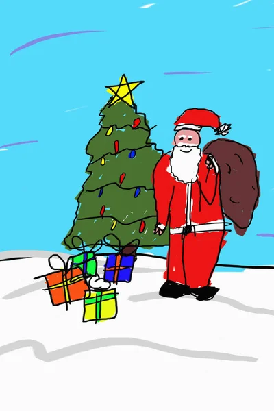 プレゼントとクリスマス ツリーの前にサンタさんの絵のようの子 — ストック写真