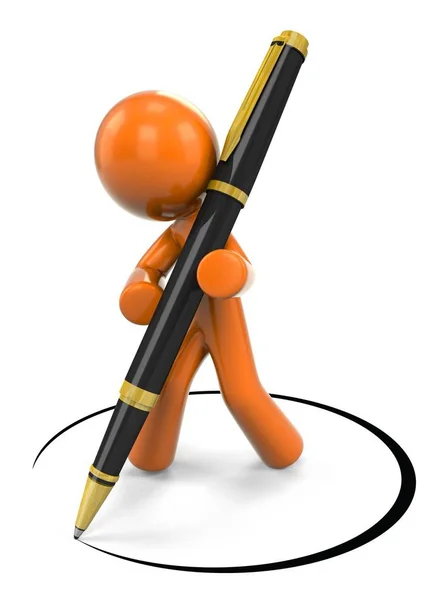 Orange Man Designing Writing Ball Point Pen — Zdjęcie stockowe