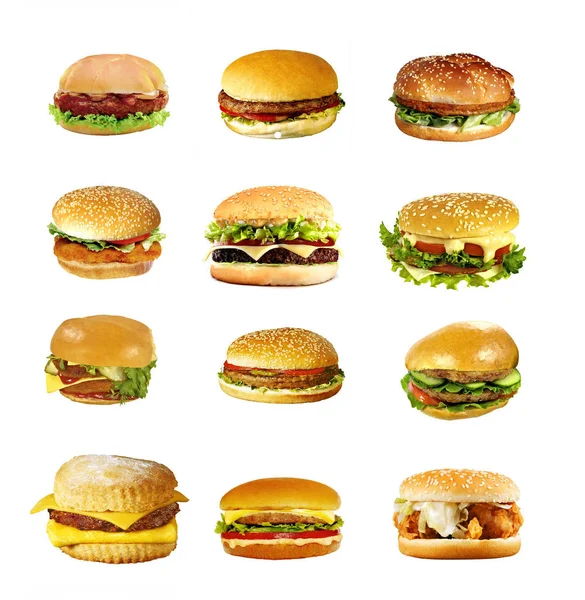 Podrobný Pohled Lahodné Hamburgery Cheeseburgery Bílém — Stock fotografie