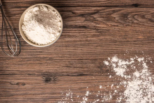 Flour Ceramic Bowl Beater Wooden Table Closeup Top View Copy — Stock Photo, Image