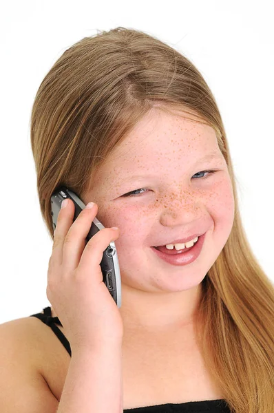 Bella Ragazza Bionda Che Parla Telefono Cellulare Sorride — Foto Stock