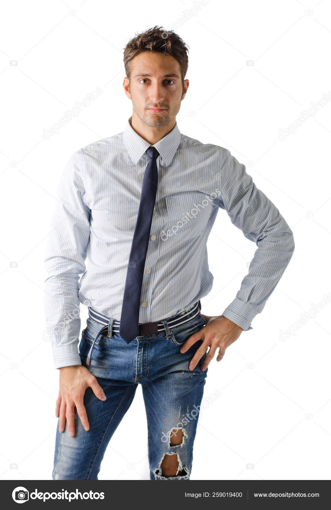 white shirt and tie with jeans
