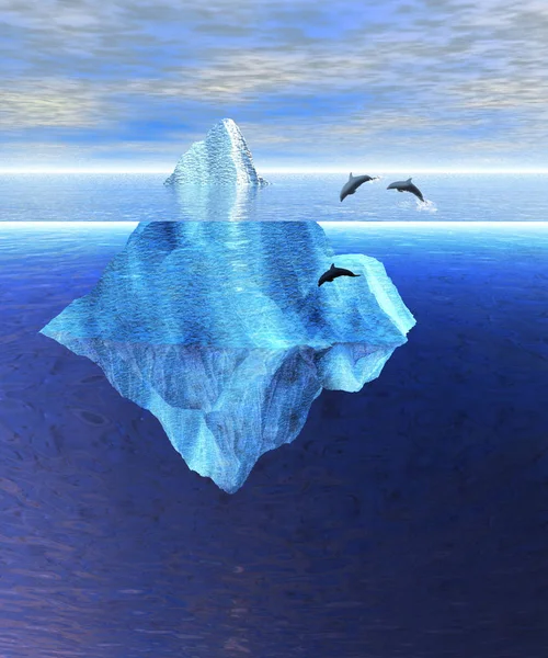 Schöner Eisberg Offenen Ozean Mit Schwimmenden Delfinen — Stockfoto