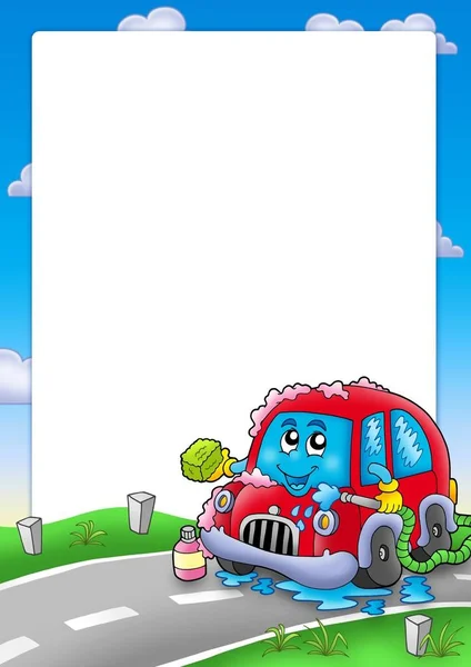 Rama Kreskówkową Myjnią Samochodową Kolorowa Ilustracja — Zdjęcie stockowe
