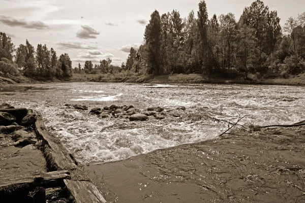 River Flow Old Destroyed Dam Sepia — Stock Photo, Image