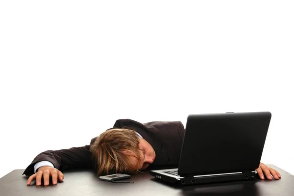 Hombre Negocios Durmiendo Computadora Después Del Día Trabajo Duro — Foto de Stock