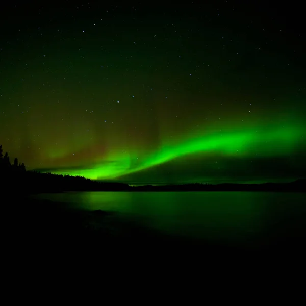 オーロラボレアリスやオーロラのバンドは ラバージュ湖 ユーコン準州 カナダの上に暗い星空の夜空を照らします — ストック写真