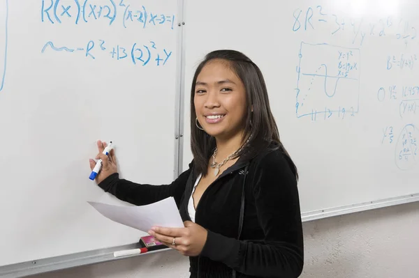 Student Holding Marker Paper Front Whiteboard — Stock Photo, Image