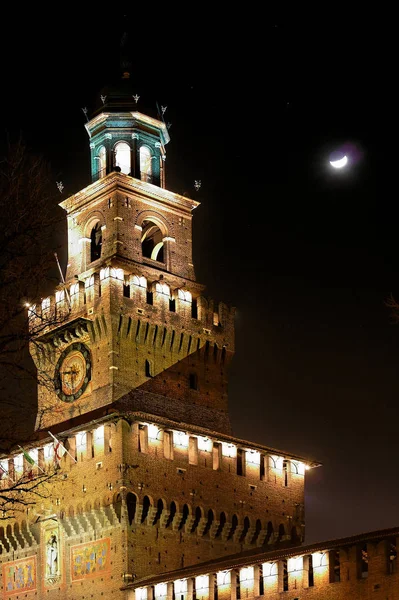 Castillo Medieval Por Noche Castello Sforzesco Milán Italia — Foto de Stock