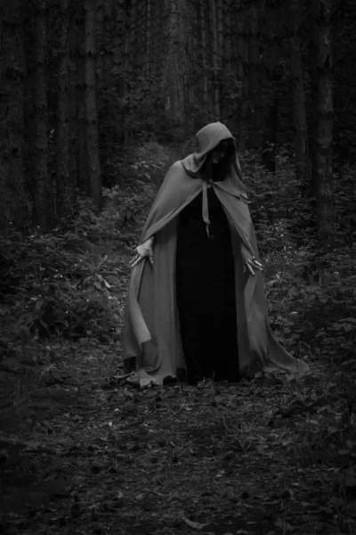 Концепция Хэллоуина Ведьма Халате Среди Леса Фотография Вашего Дизайна — стоковое фото