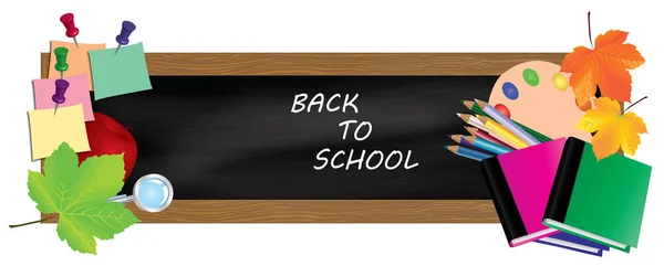 Vissza Iskolába Fekete Íróasztal Iskolai Ellátmány Őszi Levelek — Stock Fotó