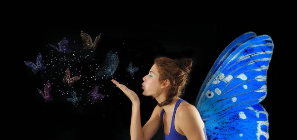 Hada Con Alas Azules Soplando Mariposas Aislada Sobre Negro —  Fotos de Stock