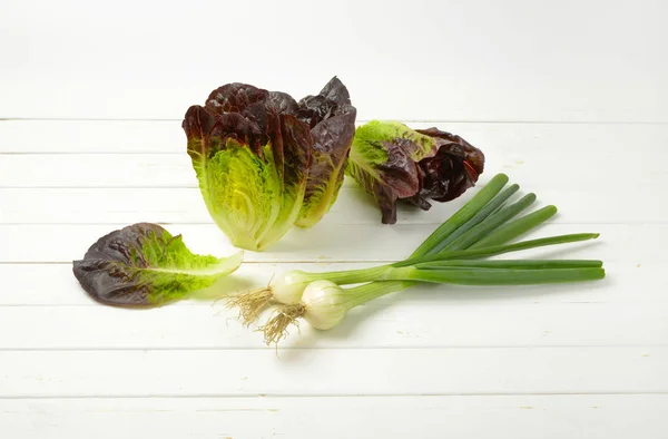 Gäng Salladslök Och Huvuden Färsk Sallad Vit Trä Bakgrund — Stockfoto