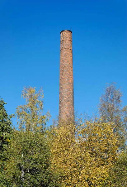 Old brick factory chimney behind autumn-coloured trees.